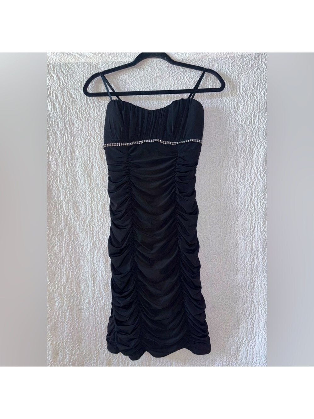Ruby Rox Ruched Bodycon Rhinestone Spaghetti Strap Mini Dress